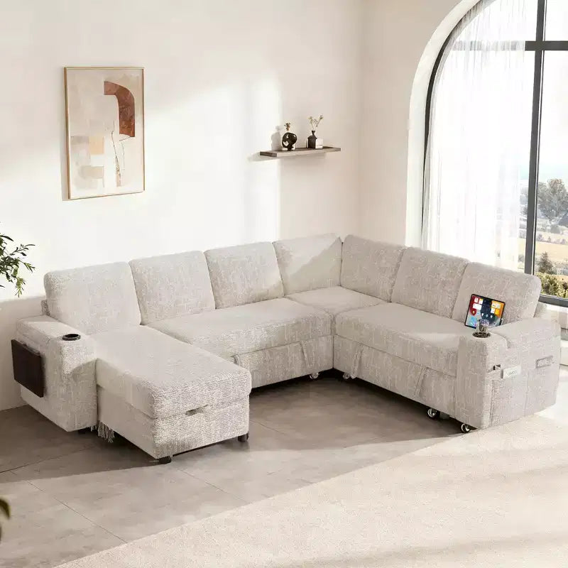Canapés modulaires Dyonery en chenille pour salon, canapé confortable avec rangement sur les accoudoirs, canapé-lit escamotable avec porte-gobelet, assemblage sans outils