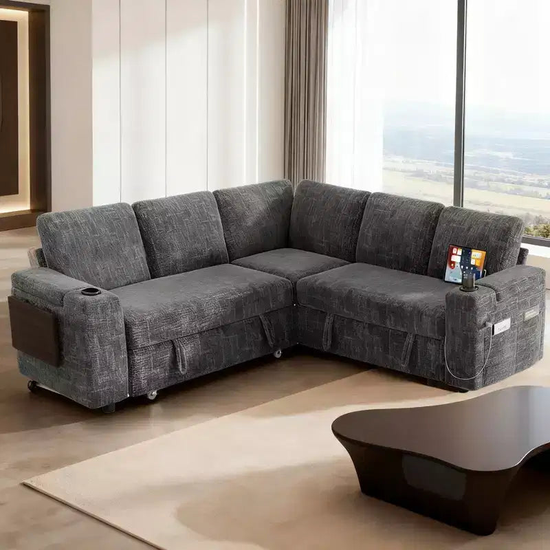 Canapés modulaires Dyonery en chenille pour salon, canapé confortable avec rangement sur les accoudoirs, canapé-lit escamotable avec porte-gobelet, assemblage sans outils