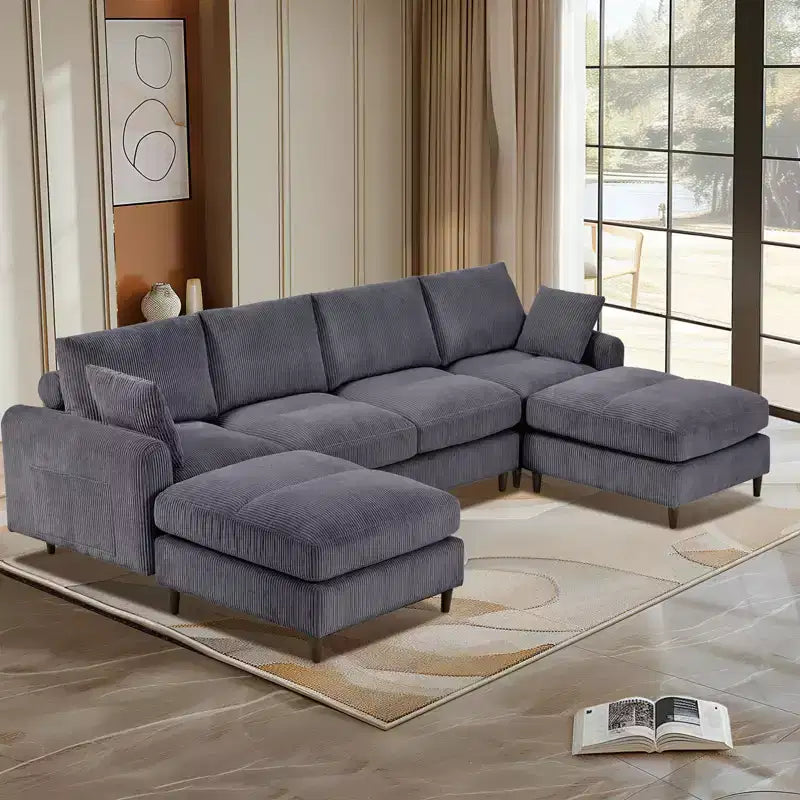 PexFix 6-Seat Modern Corduroy Modular Sectional Sofa U-Shaped Convertible L-Shaped Design with Ottoman and Pillows for Living Room Office Gray