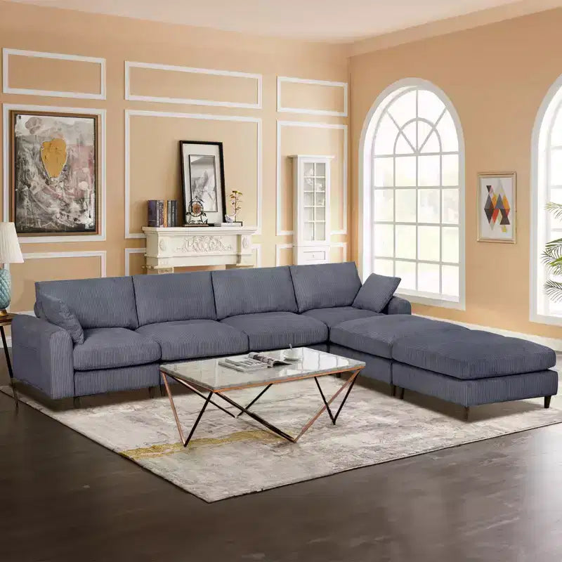 PexFix 6-Seat Modern Corduroy Modular Sectional Sofa U-Shaped Convertible L-Shaped Design with Ottoman and Pillows for Living Room Office Gray