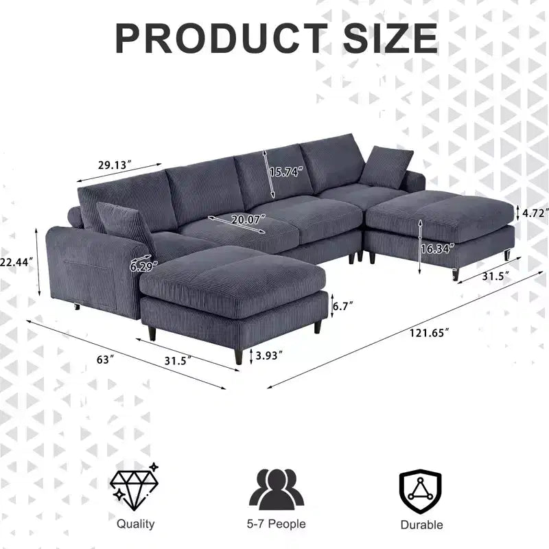 PexFix 6-Seat Modern Corduroy Modular Sectional Sofa U-Shaped Convertible L-Shaped Design with Ottoman and Pillows for Living Room Office Gray