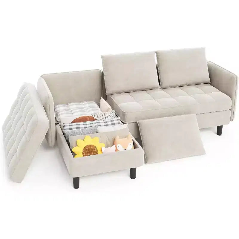 Reversible L-Shaped Chenille Sectional Sofa, Convertible Small Couch with Hidden Storage Space, Living Room & Apartment Sofa