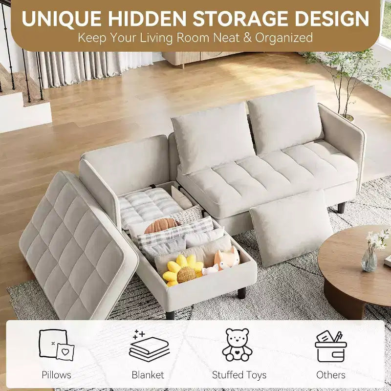Reversible L-Shaped Chenille Sectional Sofa, Convertible Small Couch with Hidden Storage Space, Living Room & Apartment Sofa