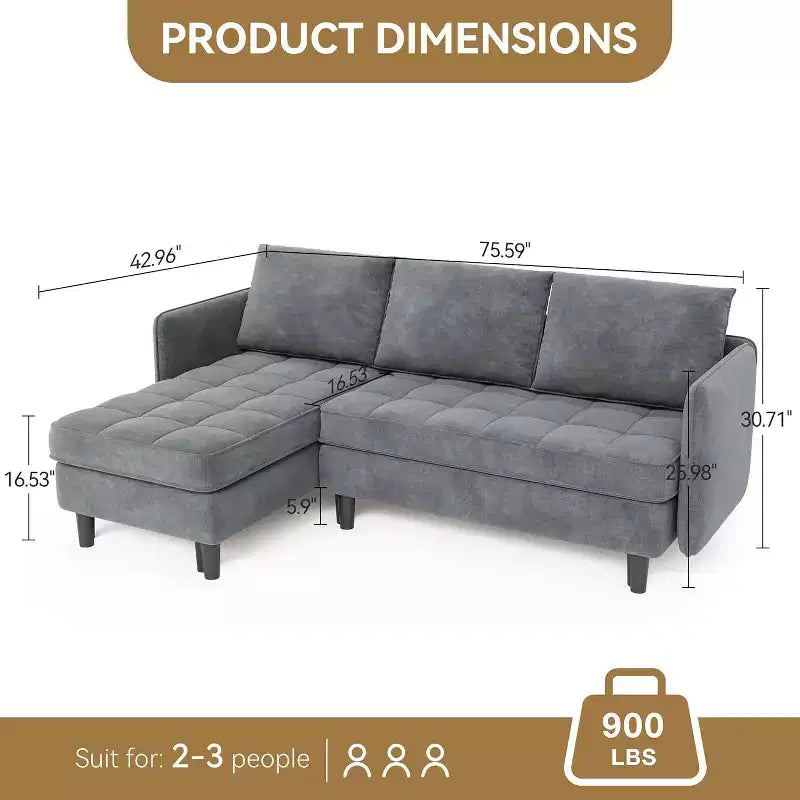 Reversible L-Shaped Chenille Sectional Sofa, Convertible Small Couch with Hidden Storage Space, Living Room & Apartment Sofa