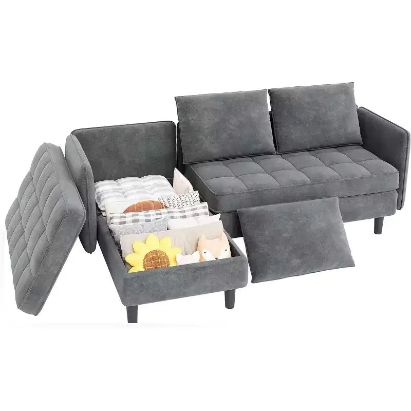 Reversible L-Shaped Chenille Sectional Sofa, Convertible Small Couch with Hidden Storage Space, Living Room & Apartment Sofa