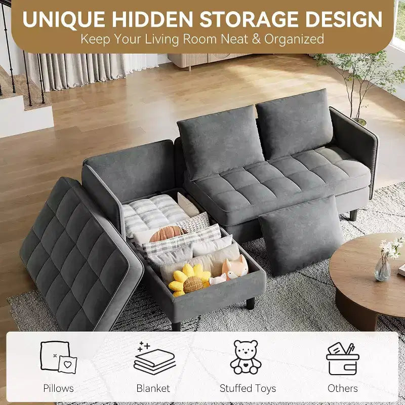 Reversible L-Shaped Chenille Sectional Sofa, Convertible Small Couch with Hidden Storage Space, Living Room & Apartment Sofa