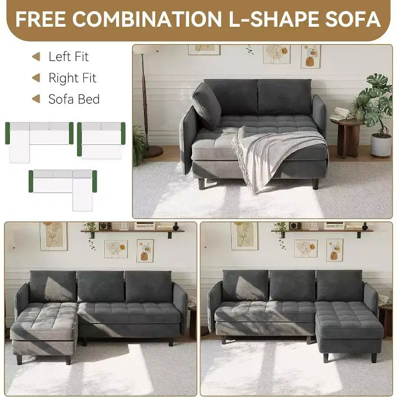 Reversible L-Shaped Chenille Sectional Sofa, Convertible Small Couch with Hidden Storage Space, Living Room & Apartment Sofa