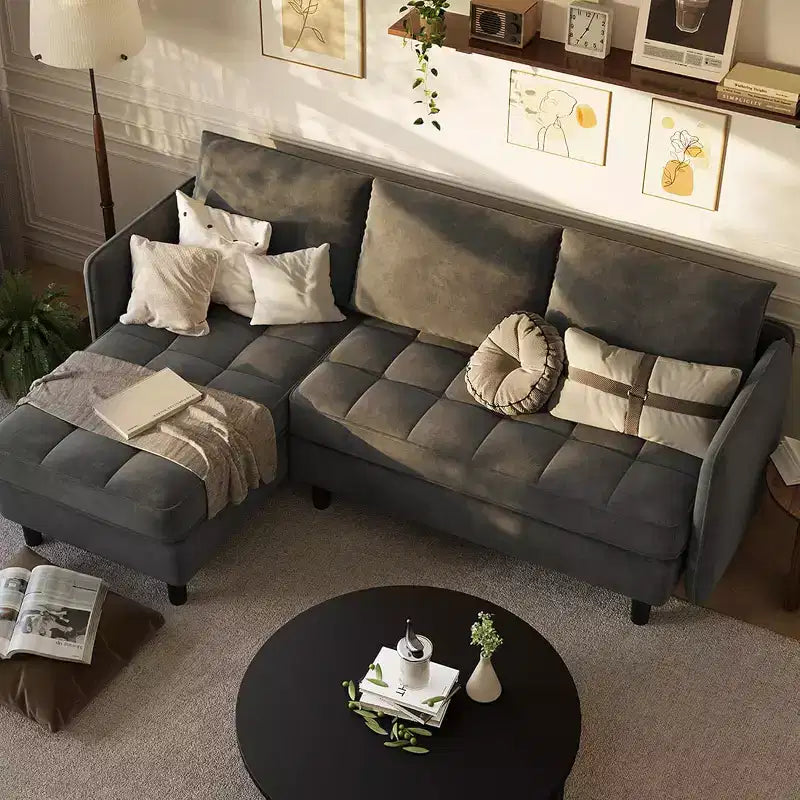 Reversible L-Shaped Chenille Sectional Sofa, Convertible Small Couch with Hidden Storage Space, Living Room & Apartment Sofa
