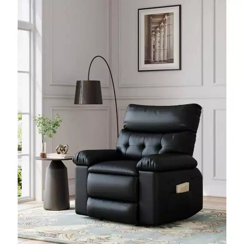 Oversized Manual Recliner Chair, Large PU Leather Lazy Chair for Adults with 1.5X Sponge Filling, Heat & Massage Functions - Black