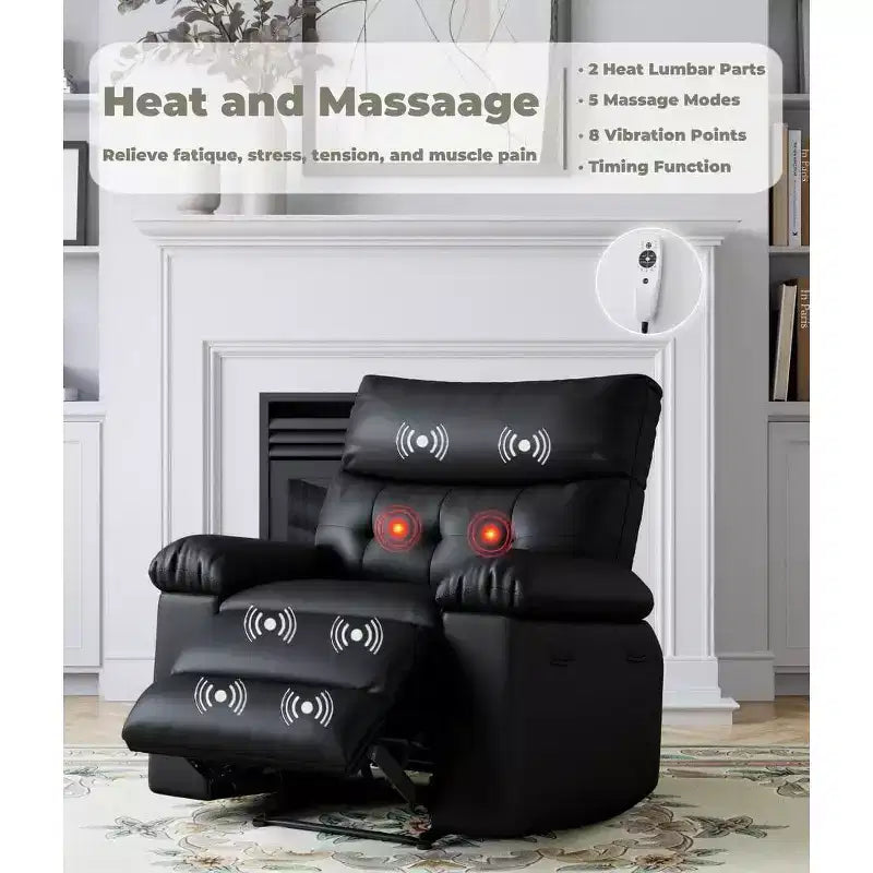Oversized Manual Recliner Chair, Large PU Leather Lazy Chair for Adults with 1.5X Sponge Filling, Heat & Massage Functions - Black