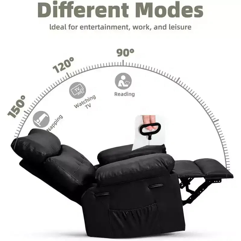 Oversized Manual Recliner Chair, Large PU Leather Lazy Chair for Adults with 1.5X Sponge Filling, Heat & Massage Functions - Black