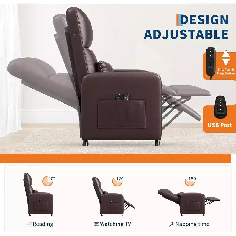 Ergonomic Power Recliner Chair - Massage & Heat Features, Adjustable Electric Recliner, Overstuffed PU Leather Single Sofa (Living Room Use)