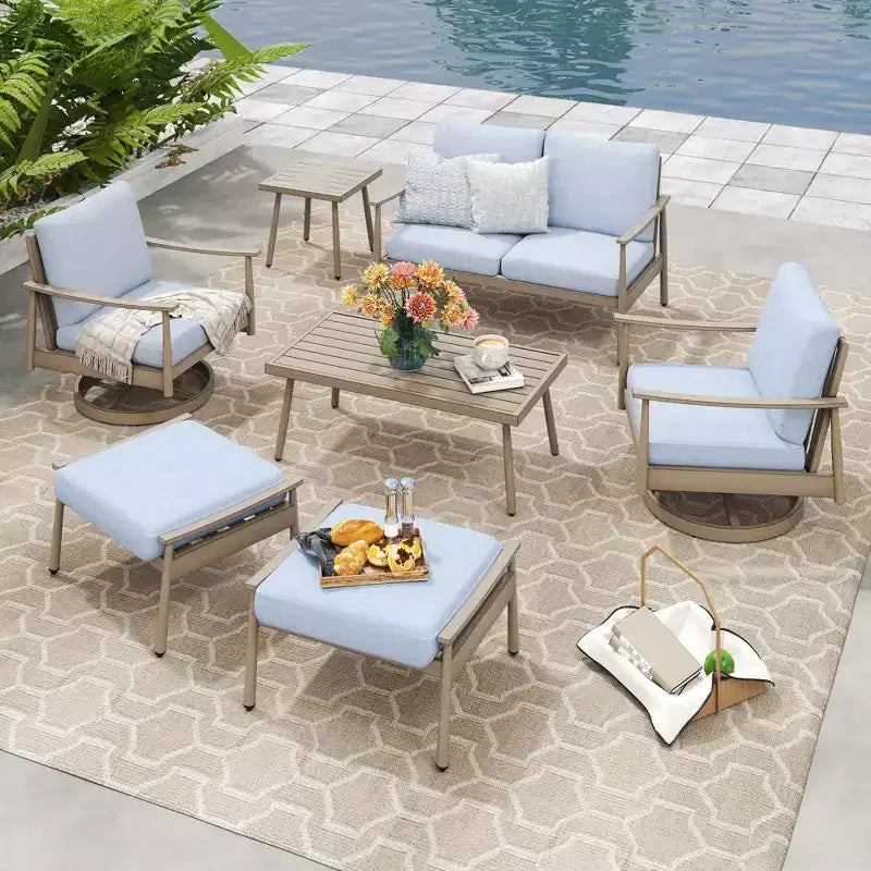 HAPPATIO 7 Pieces Aluminum Outdoor Conversation Set Includes 1 Loveseat, Side Table, Coffee Table, 2 Swivel Chairs and Ottomans
