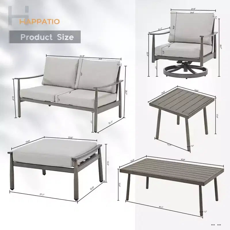 HAPPATIO 7 Pieces Aluminum Outdoor Conversation Set Includes 1 Loveseat, Side Table, Coffee Table, 2 Swivel Chairs and Ottomans