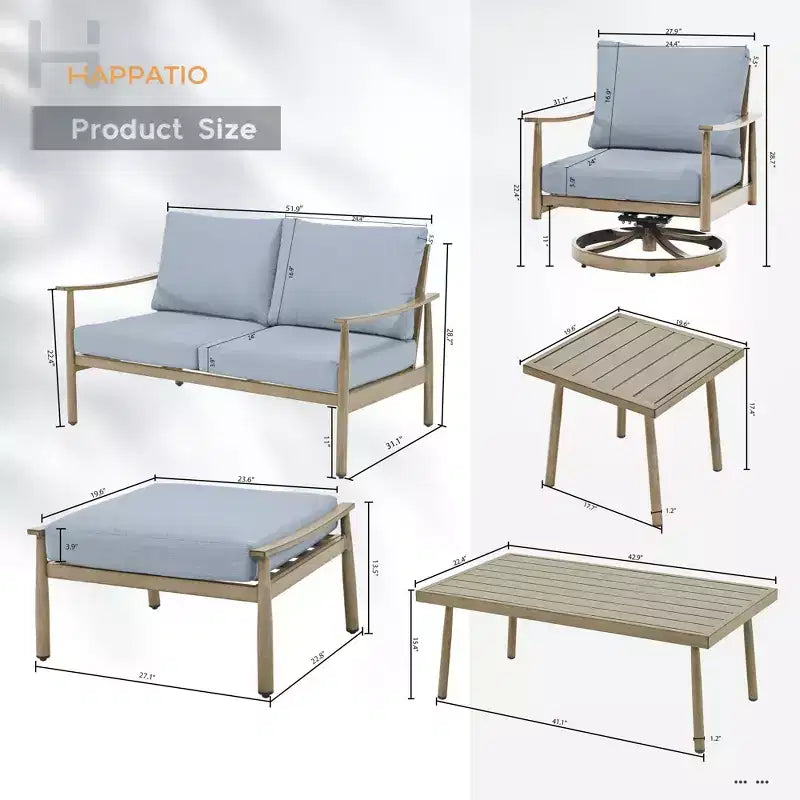 HAPPATIO 7 Pieces Aluminum Outdoor Conversation Set Includes 1 Loveseat, Side Table, Coffee Table, 2 Swivel Chairs and Ottomans