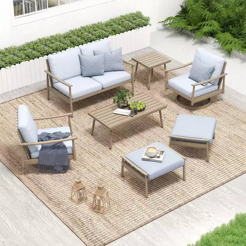 HAPPATIO 7 Pieces Aluminum Outdoor Conversation Set Includes 1 Loveseat, Side Table, Coffee Table, 2 Swivel Chairs and Ottomans
