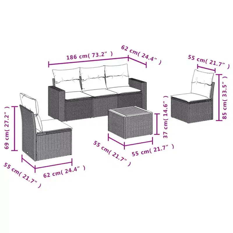 vidaXL Juego de sofá de jardín de ratán PE negro de 6 piezas modular