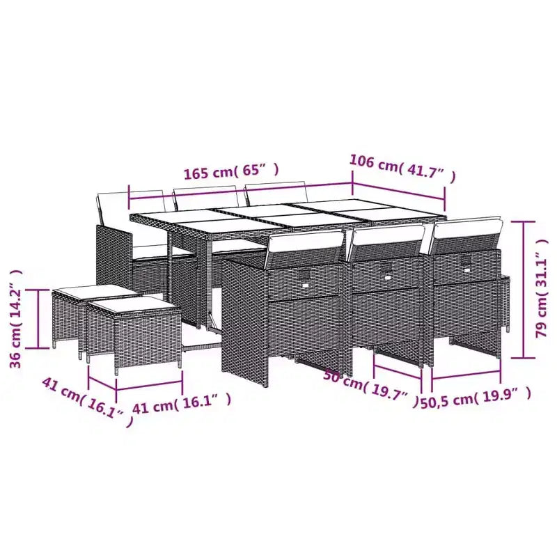 vidaXL Patio Dining Set with Cushions - 11 Piece Gray Poly Rattan Outdoor Garden Table and Chairs Furniture, Compact Storage, Tempered Glass Top