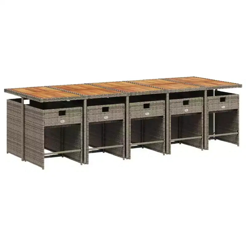 vidaXL Juego de comedor de patio de 11 piezas con cojines Muebles de jardín al aire libre Rota de polietileno gris, tablero de mesa de madera de acacia, cojines azul marino
