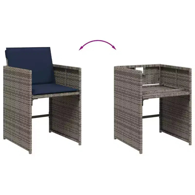 vidaXL Juego de comedor de patio de 11 piezas con cojines Muebles de jardín al aire libre Rota de polietileno gris, tablero de mesa de madera de acacia, cojines azul marino