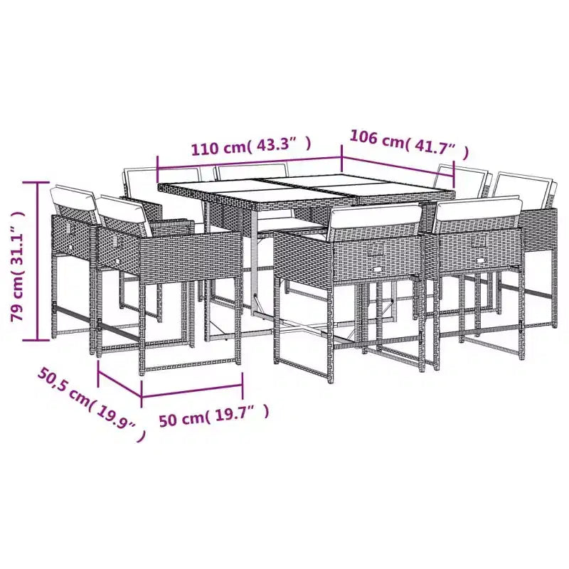 vidaXL Patio Dining Set Set of 8 Gray PE Rattan 9 Piece Set Foldable