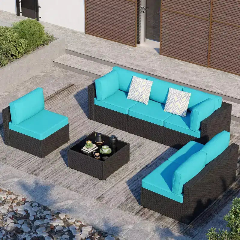 Celebalcony 7 Pieces Outdoor Sectional Sofa Patio Furniture Sets. Black Wicker Rattan Patio Conversation Sets with Cushion and Glass Table