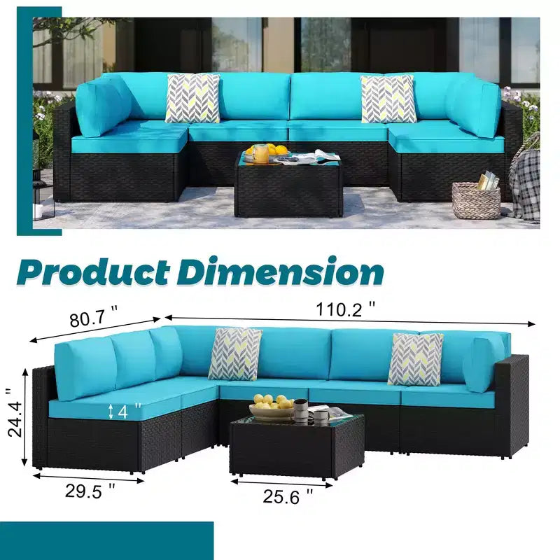 Celebalcony 7 Pieces Outdoor Sectional Sofa Patio Furniture Sets. Black Wicker Rattan Patio Conversation Sets with Cushion and Glass Table