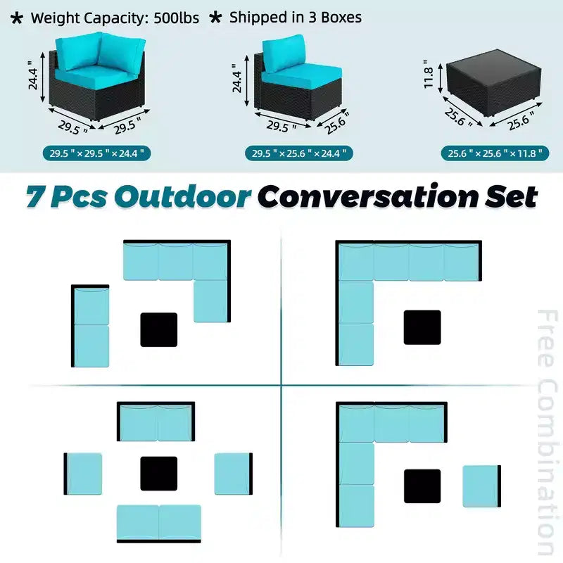 Celebalcony 7 Pieces Outdoor Sectional Sofa Patio Furniture Sets. Black Wicker Rattan Patio Conversation Sets with Cushion and Glass Table