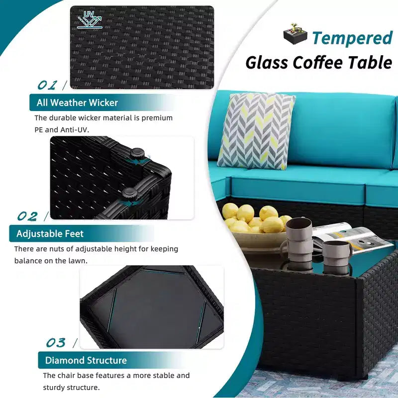 Celebalcony 7 Pieces Outdoor Sectional Sofa Patio Furniture Sets. Black Wicker Rattan Patio Conversation Sets with Cushion and Glass Table