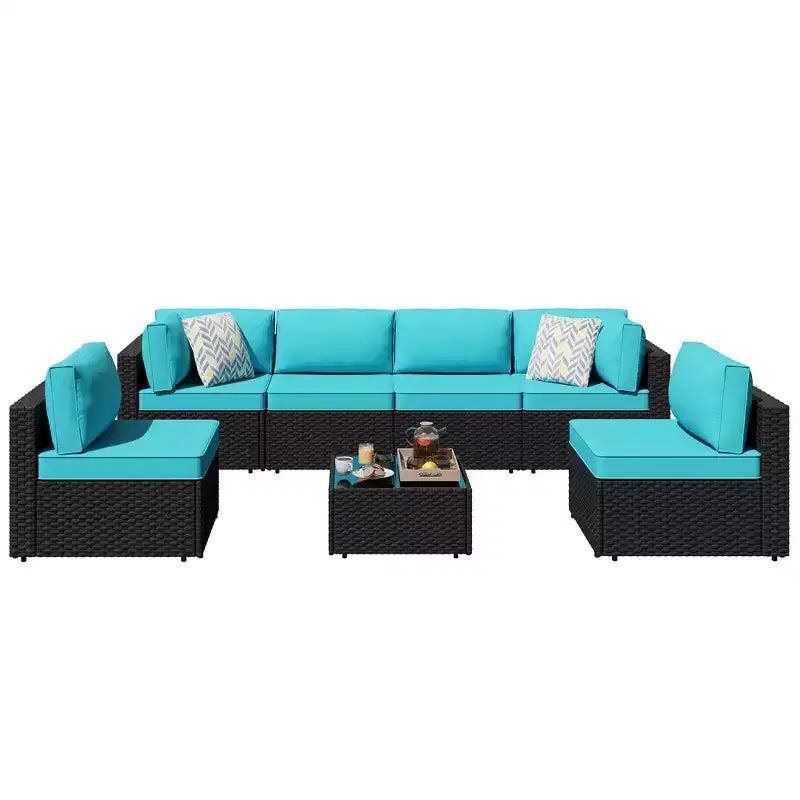 Celebalcony 7 Pieces Outdoor Sectional Sofa Patio Furniture Sets. Black Wicker Rattan Patio Conversation Sets with Cushion and Glass Table