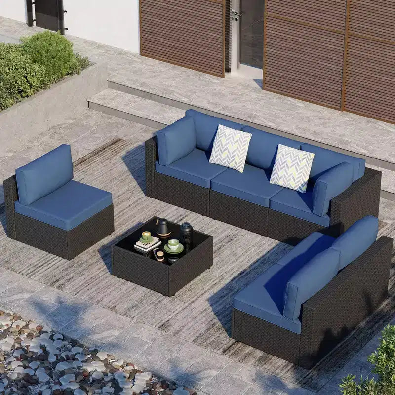 Celebalcony 7 Pieces Outdoor Sectional Sofa Patio Furniture Sets. Black Wicker Rattan Patio Conversation Sets with Cushion and Glass Table