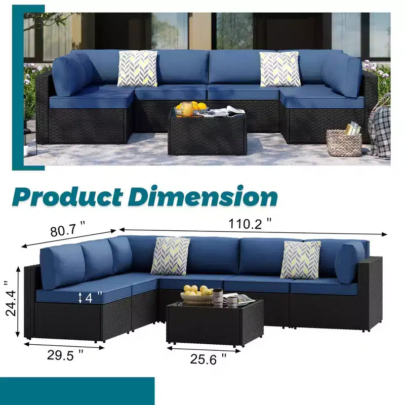 Celebalcony 7 Pieces Outdoor Sectional Sofa Patio Furniture Sets. Black Wicker Rattan Patio Conversation Sets with Cushion and Glass Table