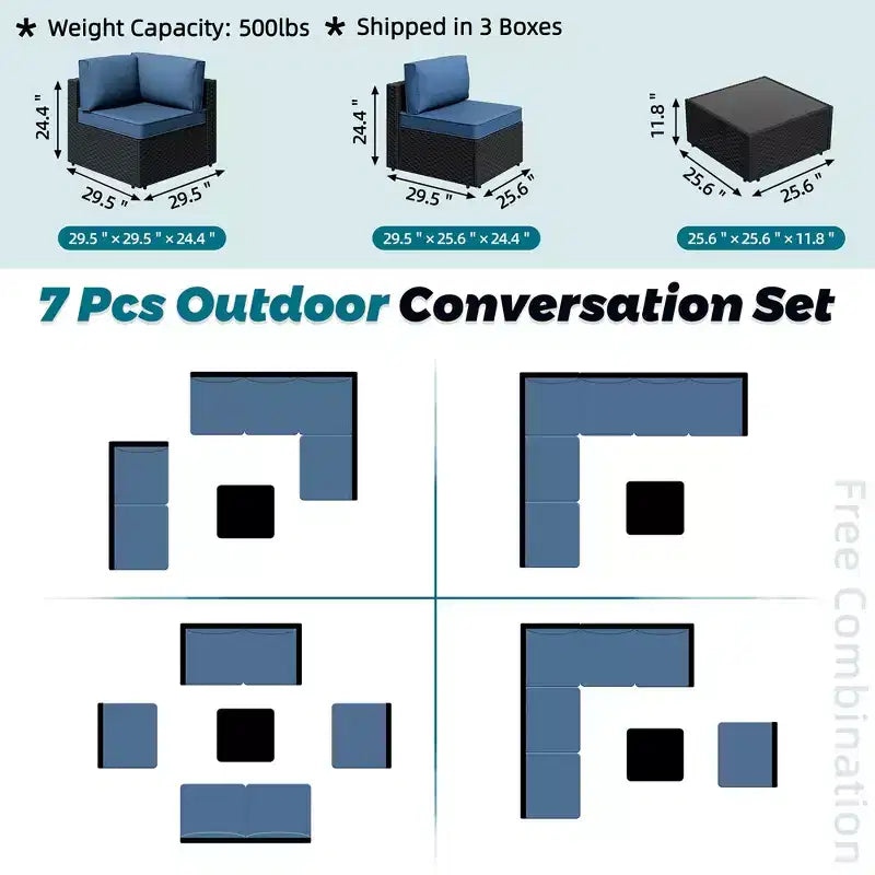Celebalcony 7 Pieces Outdoor Sectional Sofa Patio Furniture Sets. Black Wicker Rattan Patio Conversation Sets with Cushion and Glass Table