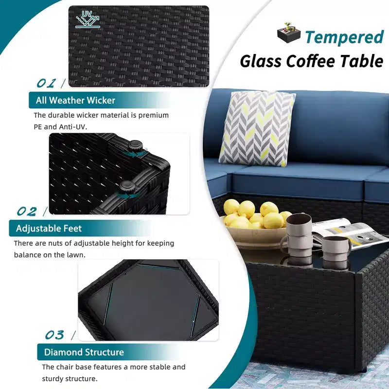 Celebalcony 7 Pieces Outdoor Sectional Sofa Patio Furniture Sets. Black Wicker Rattan Patio Conversation Sets with Cushion and Glass Table