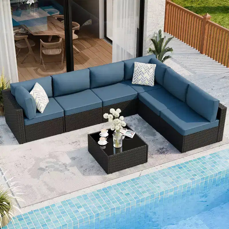 Celebalcony 7 Pieces Outdoor Sectional Sofa Patio Furniture Sets. Black Wicker Rattan Patio Conversation Sets with Cushion and Glass Table