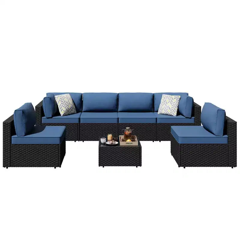 Celebalcony 7 Pieces Outdoor Sectional Sofa Patio Furniture Sets. Black Wicker Rattan Patio Conversation Sets with Cushion and Glass Table