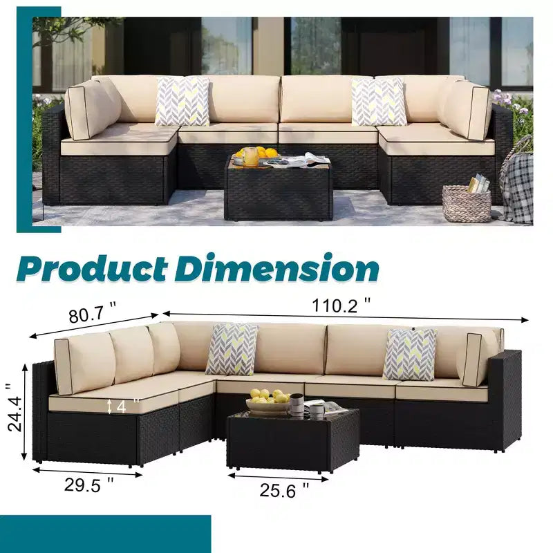 Celebalcony 7 Pieces Outdoor Sectional Sofa Patio Furniture Sets. Black Wicker Rattan Patio Conversation Sets with Cushion and Glass Table