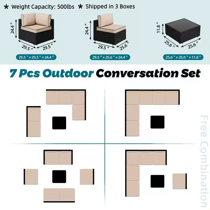 Celebalcony 7 Pieces Outdoor Sectional Sofa Patio Furniture Sets. Black Wicker Rattan Patio Conversation Sets with Cushion and Glass Table