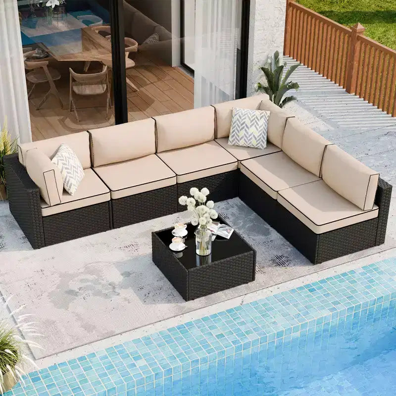 Celebalcony 7 Pieces Outdoor Sectional Sofa Patio Furniture Sets. Black Wicker Rattan Patio Conversation Sets with Cushion and Glass Table