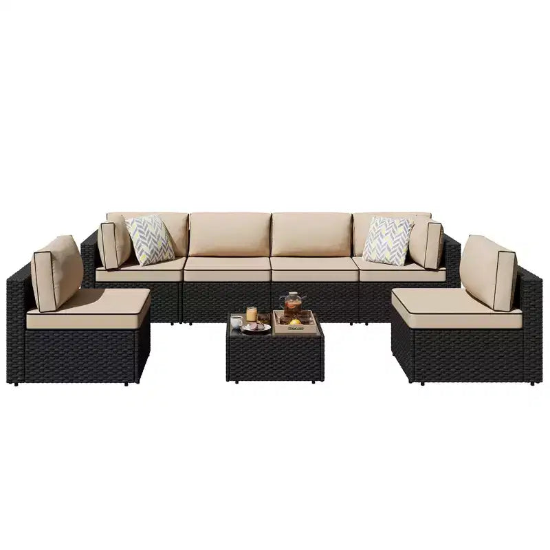 Celebalcony 7 Pieces Outdoor Sectional Sofa Patio Furniture Sets. Black Wicker Rattan Patio Conversation Sets with Cushion and Glass Table