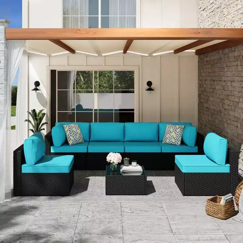 Celebalcony Ensemble de 7 meubles de patio d'extérieur. Ensemble de conversation de patio en rotin tressé noir avec coussin et table en verre.