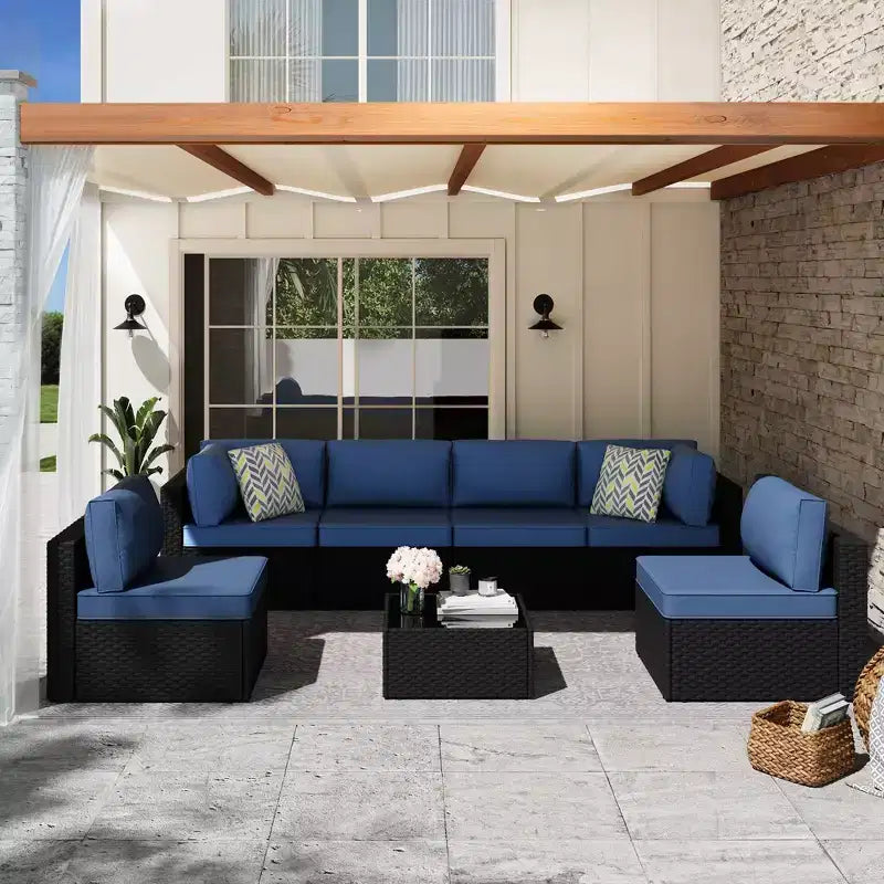 Celebalcony Ensemble de 7 meubles de patio d'extérieur. Ensemble de conversation de patio en rotin tressé noir avec coussin et table en verre.