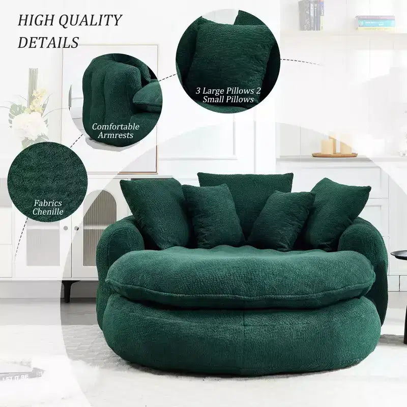 Okak Modern Oversized Chenille Fabric Oval Bean Bag Sofa for Living Room Bedroom,Rest Chair Sleeper Sofa with Comfy Backrest & Pillows