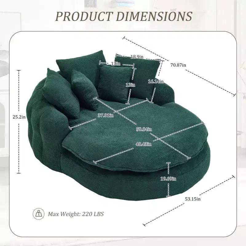 Okak Modern Oversized Chenille Fabric Oval Bean Bag Sofa for Living Room Bedroom,Rest Chair Sleeper Sofa with Comfy Backrest & Pillows