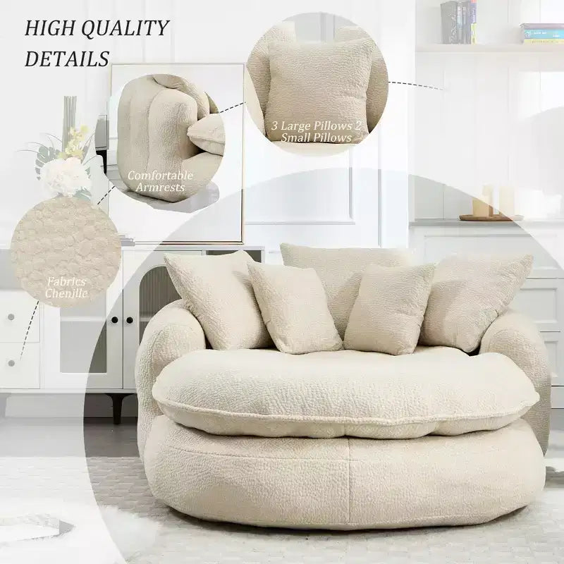 Okak Modern Oversized Chenille Fabric Oval Bean Bag Sofa for Living Room Bedroom,Rest Chair Sleeper Sofa with Comfy Backrest & Pillows
