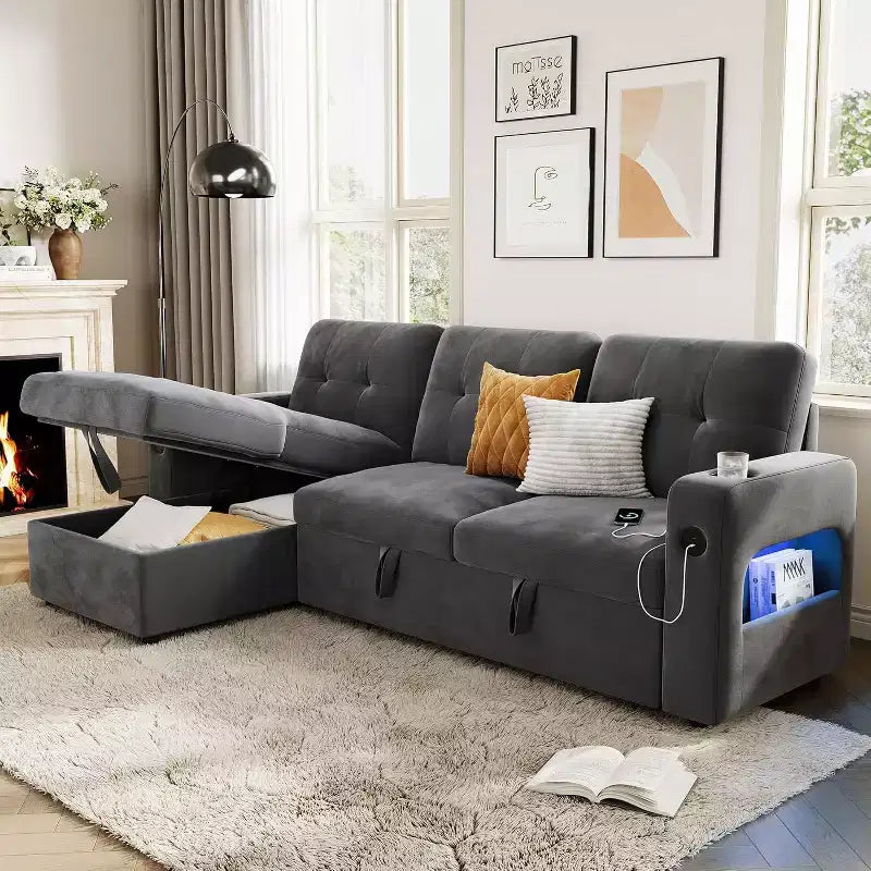 L-Shaped Sofa,Sleeper Sofa Couch, Convertible Pull Out Sofa Bed with Storage, Led Lights, Modern Sectional Sofa for Living Room, Apartment, Grey