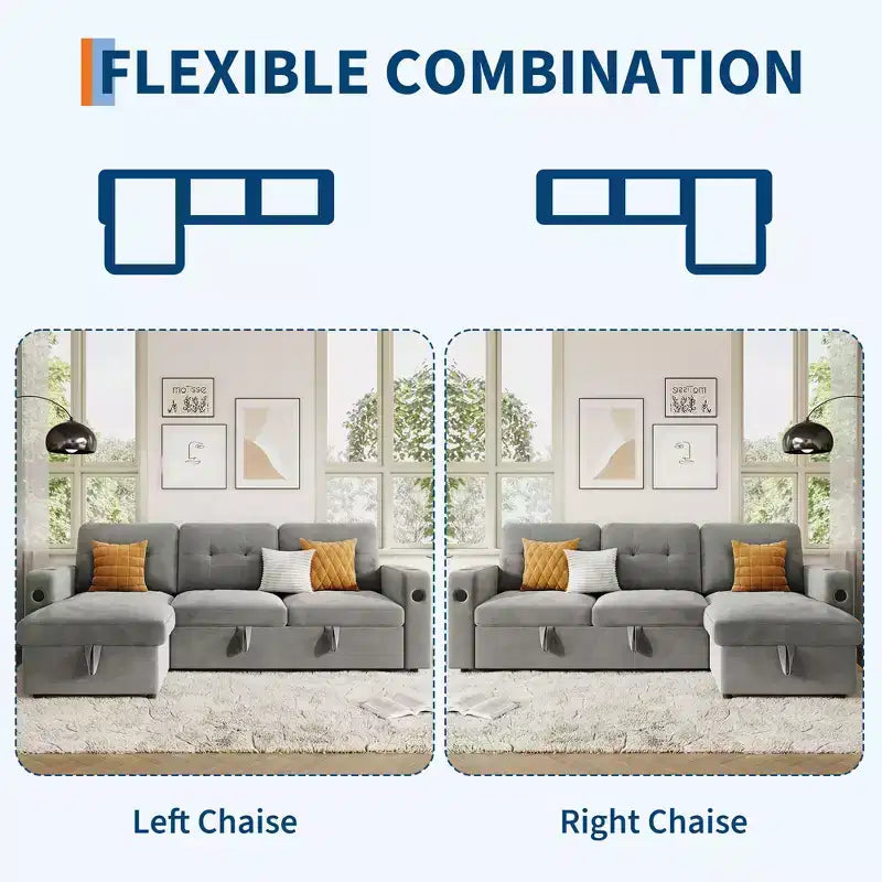 L-Shaped Sofa,Sleeper Sofa Couch, Convertible Pull Out Sofa Bed with Storage, Led Lights, Modern Sectional Sofa for Living Room, Apartment, Grey