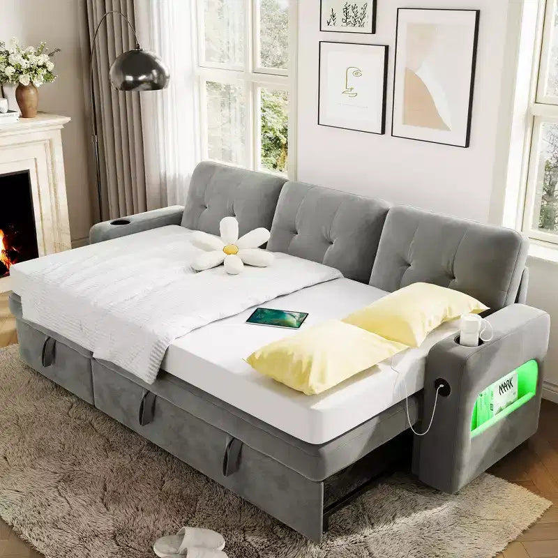 L-Shaped Sofa,Sleeper Sofa Couch, Convertible Pull Out Sofa Bed with Storage, Led Lights, Modern Sectional Sofa for Living Room, Apartment, Grey