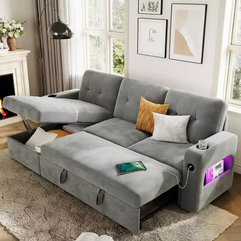 L-Shaped Sofa,Sleeper Sofa Couch, Convertible Pull Out Sofa Bed with Storage, Led Lights, Modern Sectional Sofa for Living Room, Apartment, Grey