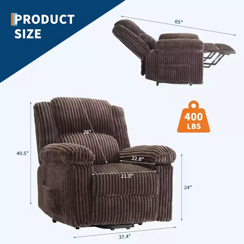 Corduroy Recliner Chair, Manual Recliner Sofa with Handle, Pillow Top Arms, Thick Padding, Side Pocket, 400Lbs Capacity, Adjustable Recliner